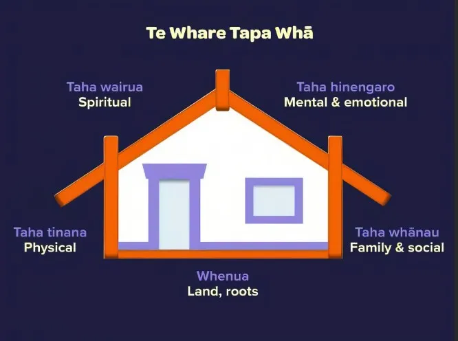 Te Whare Tapa Whā, drawn as a wharenui: Taha wairua (spiritual), Taha hinengaro (mental and emotional), Taha tinana (physical) and Taha whānau (family and social) as the four walls, standing on whenua: land and roots.